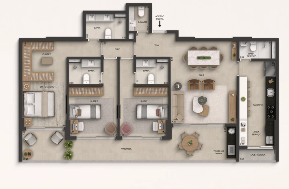 Planta Marino by Breton 3 suítes - coluna 02 - 135,76 m²