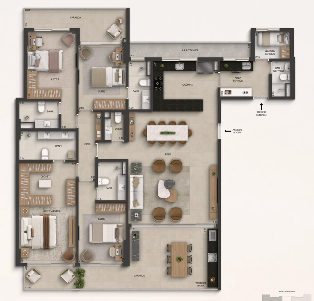 Planta Marino by Breton 4 suítes - colunas 01 e 03 - 200,94 m² e 200,63 m²