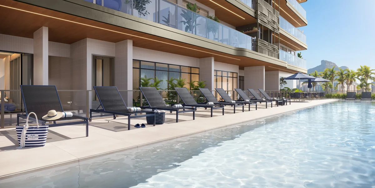 Piscina adulta, deck molhado e piscina infantil · perspectiva ilustrativa